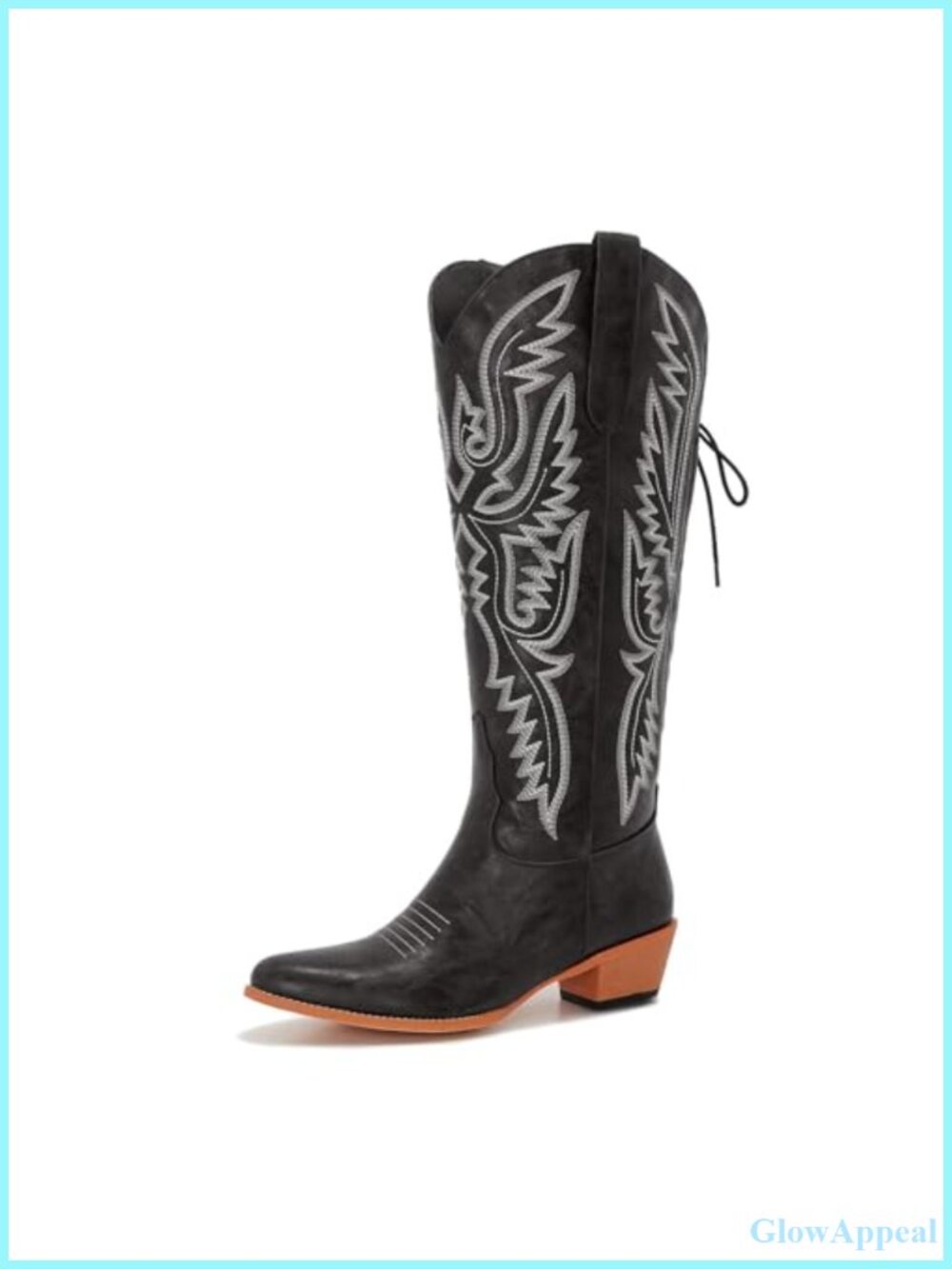 Wide Calf Faux Leather Knee High Cowboy Boots Adjustable Lace Up 2-Inch Heel